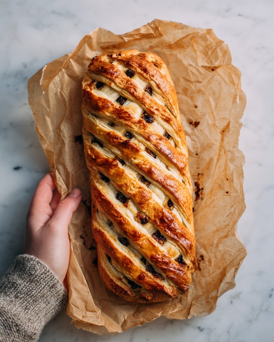 The image shows a golden brown braided pastry loaf resting on crinkled light brown parchment paper. The pastry has a woven pattern with diagonal strips that cross over the top, showing small dark filling peeking through the gaps. It has a shiny, baked crust with a slightly puffed texture, and a few dark spots from the filling have spilled slightly onto the paper around the sides. The background is a white marbled surface photo taken with an iphone --ar 4:5 --v 7
