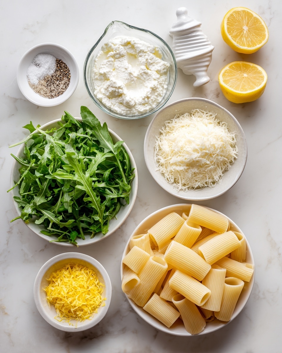 The image shows ingredients for a pasta dish arranged on a white marbled surface. In the bottom right is a white bowl full of uncooked rigatoni pasta, smooth and pale yellow in color. Above it is a small white bowl filled with finely grated Parmesan cheese, fluffy and light. In the center, a clear glass measuring cup holds white ricotta cheese with a soft and crumbly texture. To the left is a white bowl filled with fresh green arugula leaves that look crisp. Above this, a small white bowl contains bright yellow lemon zest, finely shredded. Next to it, resting on the surface, are two lemon halves showing their juicy interior. At the top right, there is a white ceramic lemon squeezer with lemon juice collected around its ridges. Finally, in the top left corner, a small white bowl holds a mix of coarse salt and black pepper. Photo taken with an iphone --ar 4:5 --v 7
