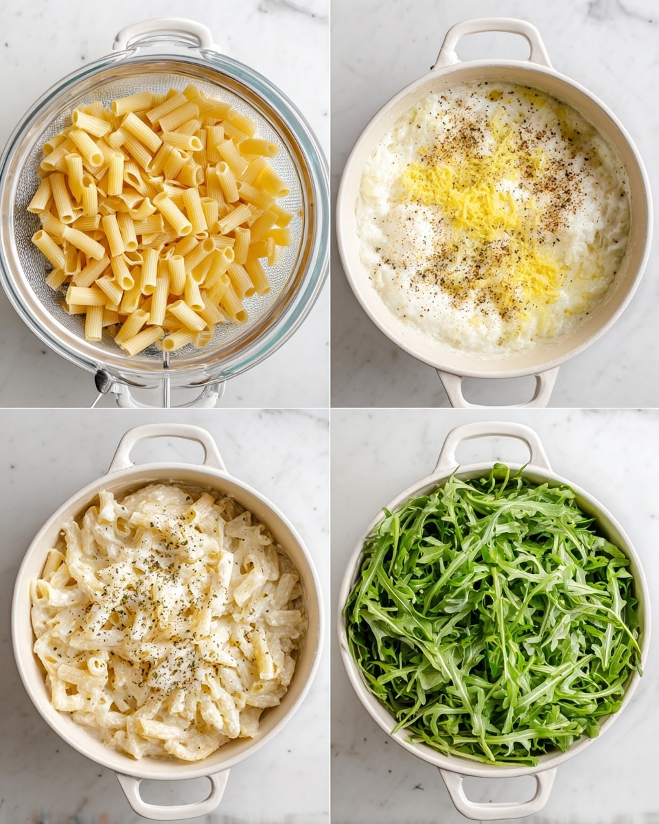A white bowl filled with rigatoni pasta coated in a creamy white sauce, with visible texture of the sauce clinging to each pasta piece; scattered fresh green arugula leaves add a fresh, leafy texture on top, mixed throughout the pasta. Small flakes of red pepper and bits of black pepper are sprinkled over the dish, adding color contrast and a slight spicy detail. There are tiny yellow lemon zest pieces adding brightness to the creamy layers. The bowl sits on a white marbled surface. photo taken with an iphone --ar 4:5 --v 7