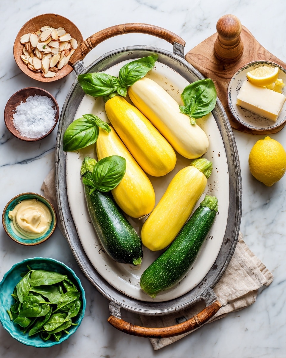 The image shows a white oval plate with five whole zucchinis, three yellow and two green, arranged with three yellow zucchinis sitting vertically in the back and two green zucchinis crossing over the middle. On top of the plate near its edge are fresh green basil leaves. The plate sits inside a large round metal tray with wooden handles, resting on a white marbled surface. In the tray, near the plate, is a wooden lemon squeezer, a half lemon wedge, and a small white plate with a chunk of pale cheese, a cheese peeler, and coarse salt in a brown bowl. Below the plate, inside the tray, is a small blue bowl of fresh green spinach leaves and a tiny dish with a swirl of light mustard. To the left side of the tray on the marble surface are small bowls with almond slices and more thinly sliced almonds scattered around. Photo taken with an iphone --ar 4:5 --v 7