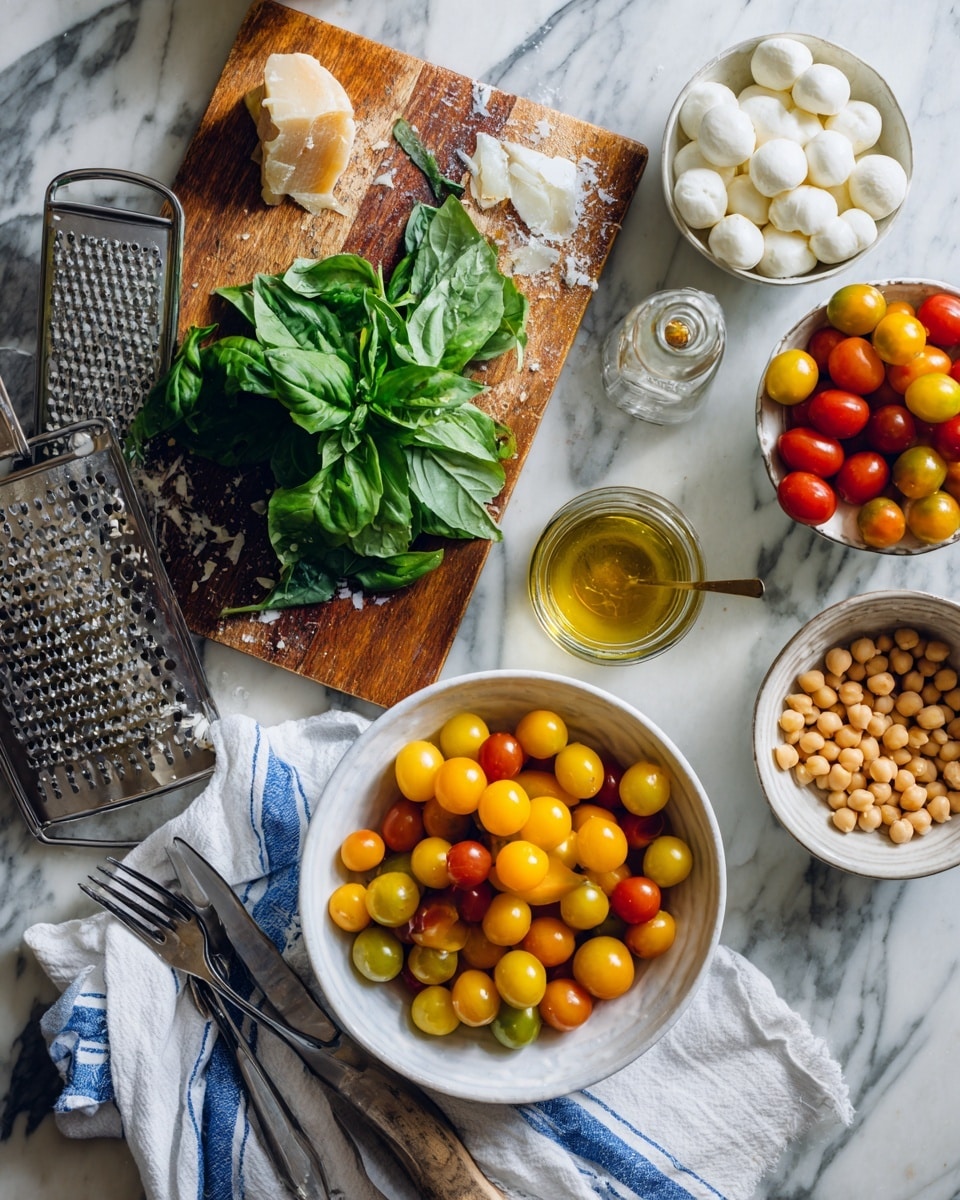 The image shows a food preparation scene with a wooden cutting board holding fresh green basil leaves on the left side over a white cloth with blue stripes, surrounded by a metal grater, garlic cloves, and a bottle of white balsamic vinegar on a white marbled surface. There is a white bowl filled with small yellow and red cherry tomatoes at the bottom center and another white bowl with whole mini mozzarella balls near the top right. A smaller white bowl with whole mixed-colored cherry tomatoes sits above the mozzarella. A clear jar with a spoon inside contains a golden liquid, placed near the bottom right, alongside a bowl with chickpeas partially visible at the bottom right corner. A knife and a fork rest on the left bottom edge. Photo taken with an iphone --ar 4:5 --v 7