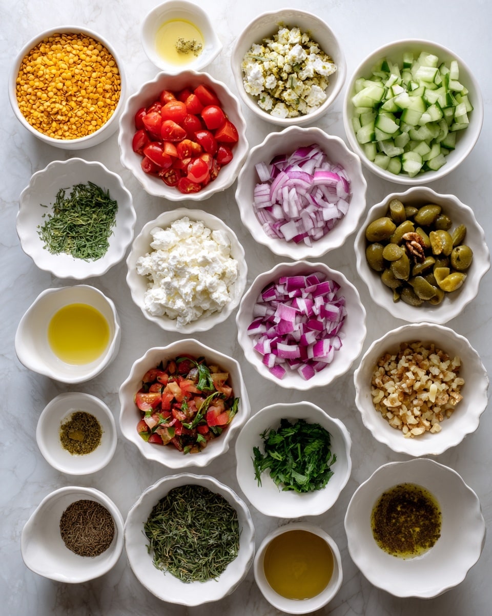 The image shows an arrangement of small white bowls and dishes on a white marbled texture, each containing different ingredients. There are 15 bowls total, spread in a loose grid. The bowls contain yellow lentils, bright red chopped tomatoes, green chopped cucumber, chopped red onion, chopped radishes, chopped green olives, crumbled white cheese, chopped walnuts, fresh green herbs, lemon zest, minced garlic, brown and green dried herbs, mustard, a light yellow sauce, a golden liquid, and a pale transparent liquid. The bowls have simple, clean shapes with some scalloped edges, and the colors of the ingredients contrast well against the white bowls and background. Photo taken with an iphone --ar 4:5 --v 7