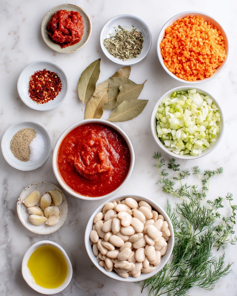 The image shows an overhead view of ingredients in small white bowls and a few loose herbs on a white marbled surface. In the center is a bowl filled with large white beans. Above it are three bowls arranged side by side, containing orange finely chopped carrots on the right, green finely chopped celery in the middle, and white finely chopped onions on the left. To the left of the onions is a small plate with red tomato paste and above it a small plate with three dried bay leaves. Below the beans, a bowl of smooth red tomato sauce is placed next to a small bowl of light yellow olive oil. To the left of the beans, small plates hold minced garlic, salt and pepper, and a trio of red spices including chili flakes, paprika, and dried oregano. On the right side of the bowls, fresh sprigs of dill and parsley rest loosely on the surface. Photo taken with an iphone --ar 4:5 --v 7