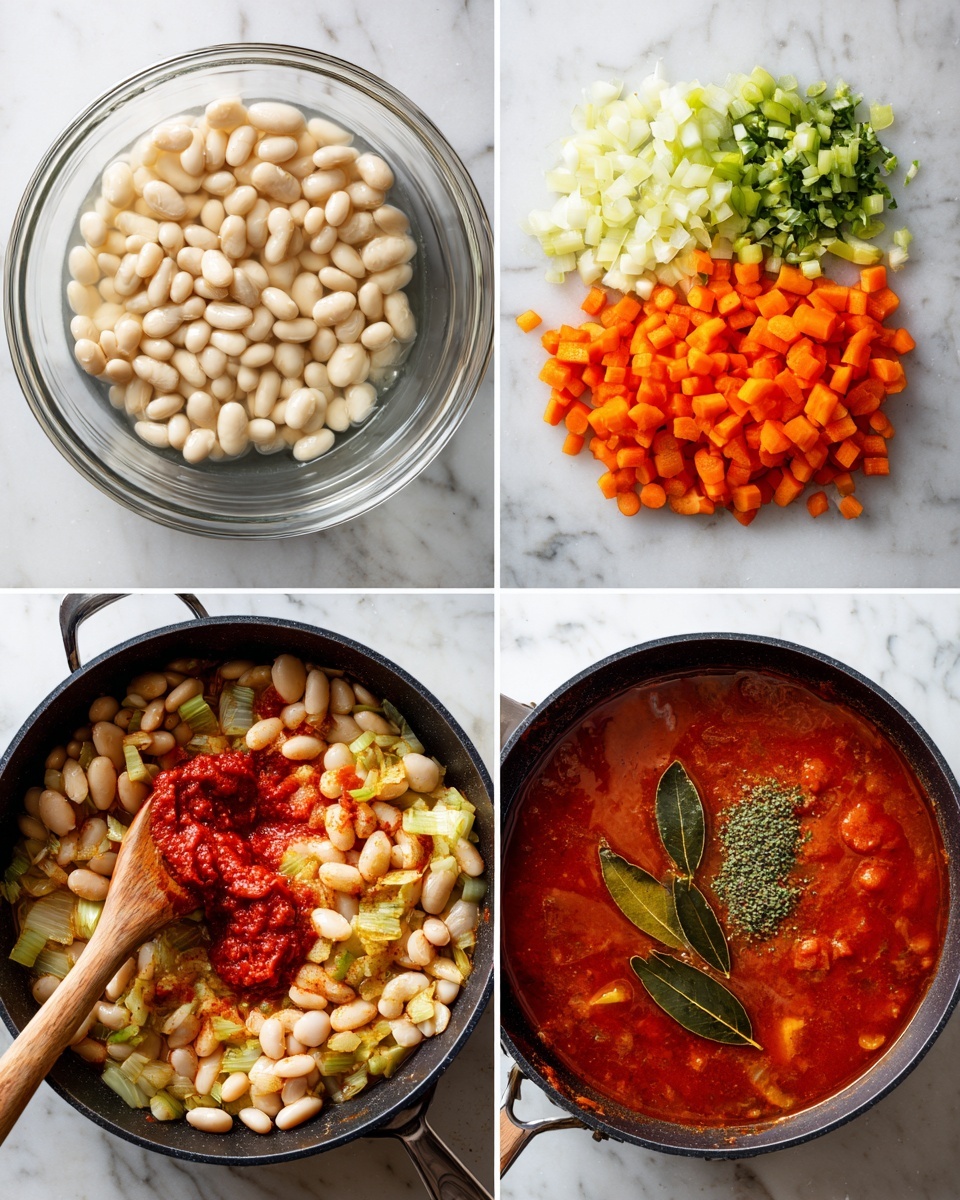 The image is divided into four parts showing stages of cooking a soup. The top left shows a clear glass bowl filled with white soaked beans under water, placed on a white marbled surface. The top right shows a black pan with three chopped ingredients: bright orange carrots, pale yellow onions, and light green celery, all separate in a circle. The bottom left shows the same pan with the chopped vegetables now mixed and cooked, with a wooden spoon stirring in bright red tomato paste and several red and green spices. The bottom right shows the pan filled with a rich red soup broth, white beans floating on top, a dark green bay leaf, and small chopped green herbs for garnish. Photo taken with an iphone --ar 4:5 --v 7