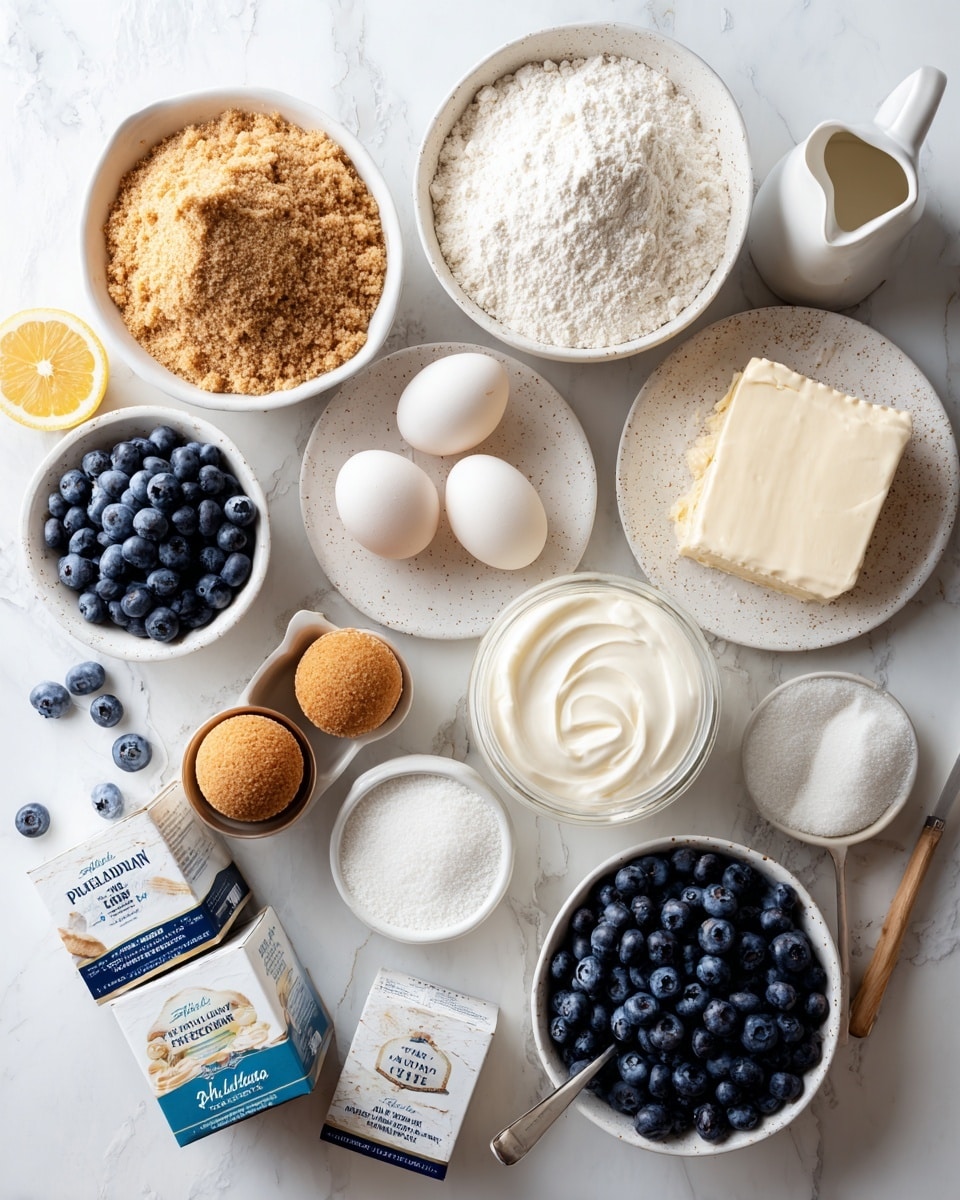 The image shows many baking ingredients laid out on a white marbled surface. There are four white speckled bowls with dry ingredients including a large bowl full of light brown crumbs, a medium bowl with white flour, and two smaller bowls with white granulated sugar and a white powder. Four white eggs rest on a small white speckled plate. A small pitcher with white liquid, a small bowl with egg whites, and a larger white bowl with thick cream are present. Fresh blueberries fill two white bowls, one large and one medium. A few round brown sugar scoops sit in a white bowl. Lemon zest is shown in two small white bowls. Several boxes of Philadelphia cream cheese are arranged near the bottom left. The overall setup is neat and bright with a variety of textures and colors from smooth cream cheese packaging, bright blueberries, crumbly brown sugar, and creamy white ingredients, all on the white marbled texture. Photo taken with an iphone --ar 4:5 --v 7