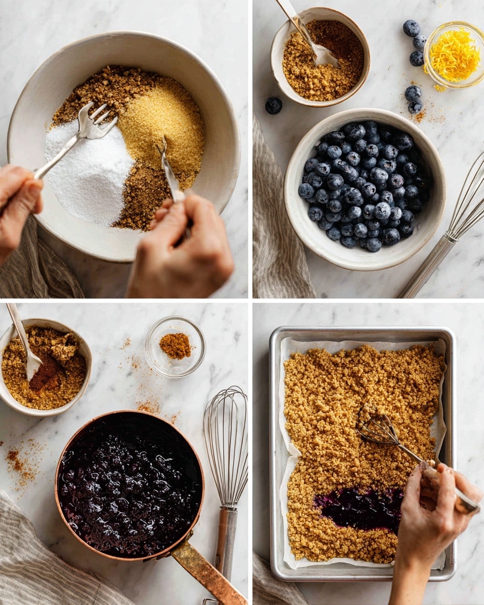 The image shows a step-by-step process of making a blueberry dessert. The first part shows dry ingredients mixed in a white bowl with a fork on top, including a light brown crumbly layer, white sugar, and some yellow zest. Next, a baking tray lined with parchment paper is filled with the light brown crumbly mixture being spread and pressed flat by a woman's hand. A small copper saucepan contains fresh blueberries with white powder sprinkled on top. Another image shows the blueberries being stirred while heated, turning into a thick dark blue-purple sauce. Finally, another white bowl contains dry ingredients mixed with yellow zest and brown spices ready for the next step. The background is always white with a marbled texture, and various utensils like spoons and whisks are also visible. photo taken with an iphone --ar 4:5 --v 7