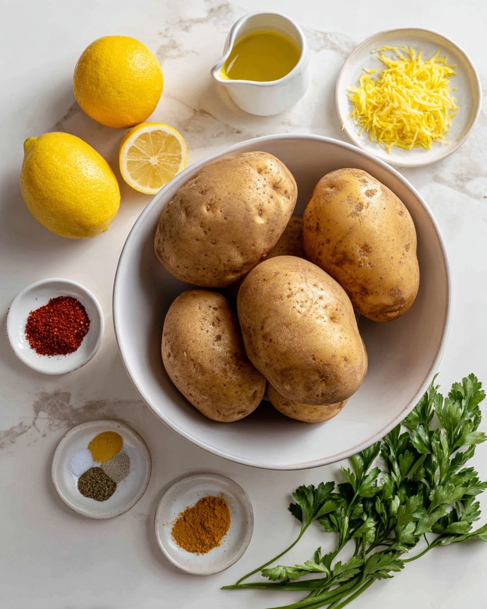 The image shows a white bowl filled with four large brown potatoes sitting on a white marbled surface. Around the bowl, there are four whole potatoes placed directly on the surface. To the left, a small white plate holds six different spices in small piles, with colors like red, white, and green. Above this, another white plate contains finely grated lemon zest with a bright yellow color. Near the center, there is a small white pitcher filled with golden olive oil. Three yellow lemons, two whole and one cut in half, are arranged near the top left side. A dollop of yellow mustard sits on a small white plate near the top. On the right side, fresh green parsley leaves are partially visible. The whole arrangement is neat and well-spaced on a light, white marbled background. Photo taken with an iphone --ar 4:5 --v 7