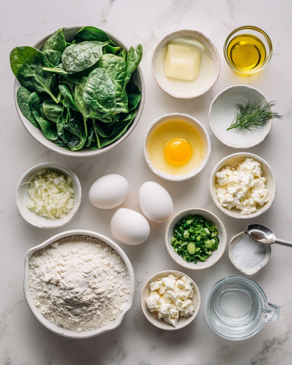 The image is divided into four parts showing a cooking process on a white marbled surface. The top left shows a silver pan with three layers of finely chopped ingredients: white onions, pale green leeks, and bright green spring onions, arranged from top to bottom. The top right shows the same pan with the addition of bright green fresh spinach leaves, covering most of the pan with chopped pale green onions under the leaves on the left side. The bottom left shows the pan with the spinach and onions cooked down into dark green softened layers being stirred with a wooden spoon having a pale natural wood handle and a grey painted grip. The bottom right shows a white bowl with an even layer of the cooked dark green spinach mixture topped by three bright yellow egg yolks, white crumbly cheese, a dollop of white cream, and fresh finely chopped parsley arranged around the eggs. Photo taken with an iphone --ar 4:5 --v 7