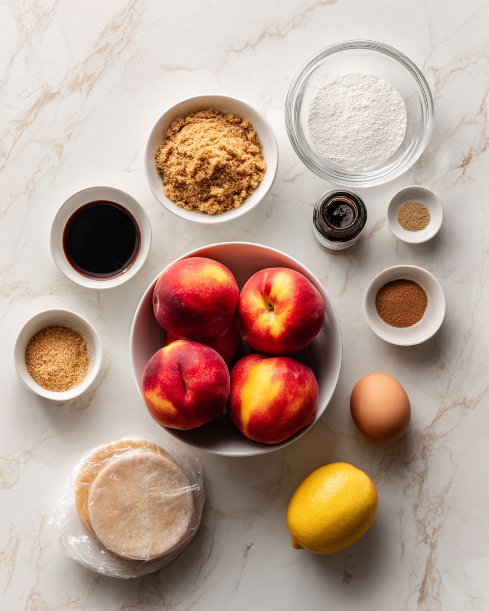 The image shows four stages of making a peach pie. In the first part, a white bowl holds chopped yellow and orange peaches topped with white and brown sugar and brown cinnamon powder, all on a white marbled surface. The second part features a white bowl with a brown, smooth sauce inside, also on a white marbled surface. The third part displays a white pie dish with a thick dough crust filled with sliced peaches coated in the brown sauce, surrounded by scattered flour, dough strips, a peeled egg in a white dish, a whisk, fresh peaches, and measuring spoons on the same white marbled surface. The final part shows the pie finished with a lattice crust made of interwoven strips of dough, with the peach filling visible beneath, all set against the white marbled background. Photo taken with an iphone --ar 4:5 --v 7