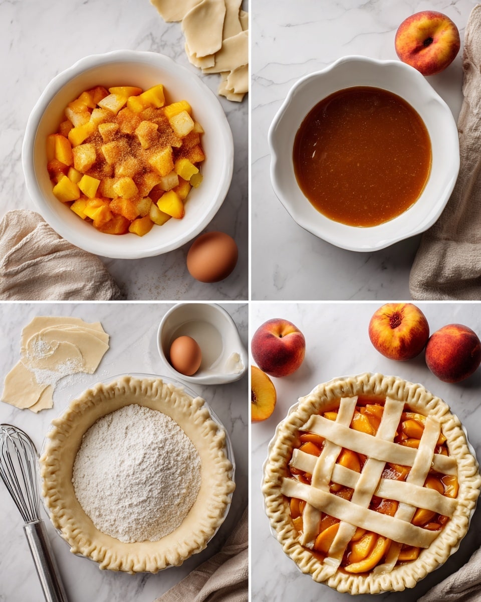 A single thick slice of peach pie is placed on a white plate with a subtle textured pattern. The pie has a golden-brown, flaky crust that holds large, juicy chunks of yellow-orange cooked peaches mixed with syrup. On top of the pie slice, there is a scoop of creamy, off-white vanilla ice cream starting to melt, creating soft white drips around the pie’s edges. A silver fork rests partly on the plate and pie. The plate sits on a dark surface, with a blurred pie in the background and a peach off to the side. photo taken with an iphone --ar 4:5 --v 7