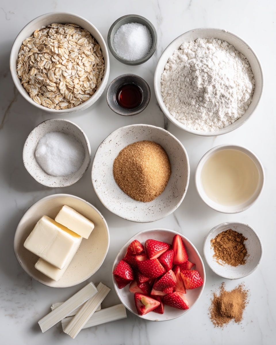 The image shows various white bowls and small dishes arranged on a white marbled surface, each holding different baking ingredients. Starting from the top left, there is a small white bowl with rolled oats, a large white bowl filled with flour on the top right, and a small dark grey bowl with salt. Below, a white bowl with sugar is followed by a speckled white bowl containing light brown sugar in a round shape. To the far right, a small white bowl holds a clear liquid, while below it a white bowl contains cut red strawberries with a shiny texture. Another white bowl in the bottom center holds chopped rhubarb with a mix of red and green colors. Small white dishes scattered around have brown sugar, cinnamon powder, vanilla extract, cornstarch, and two sticks of butter with measurement markings on the paper wrappers. The ingredients are neatly organized and clearly visible. Photo taken with an iphone --ar 4:5 --v 7