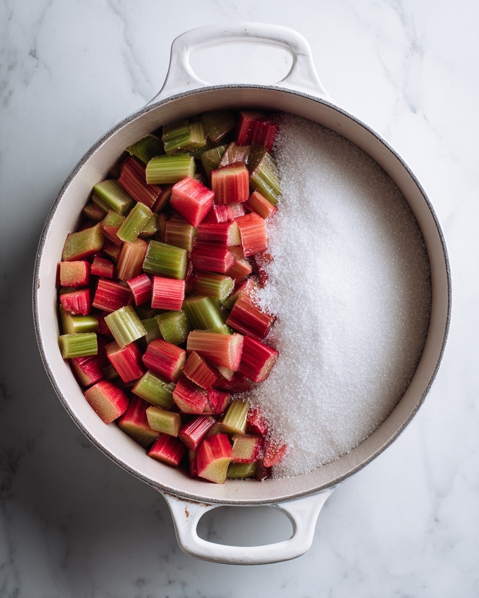 A white pot filled with chopped red and green rhubarb pieces on one side and white granulated sugar piled on the other side, all placed on a surface with a white marbled texture. Photo taken with an iphone --ar 4:5 --v 7
