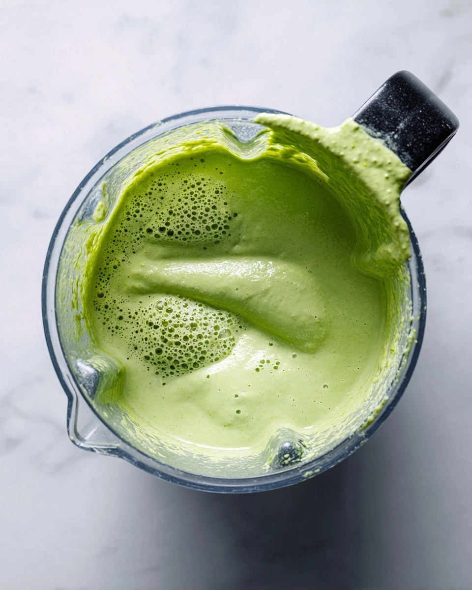 A clear blender container sits on a white marbled surface filled with a smooth, pale green sauce that has tiny darker green flecks and a slightly bubbly texture on top. To the top right of the blender is a black lid covered in the same green sauce, showing a thick and creamy consistency with small green bits. The overall scene is clean and bright with the sauce being the main focus. photo taken with an iphone --ar 4:5 --v 7