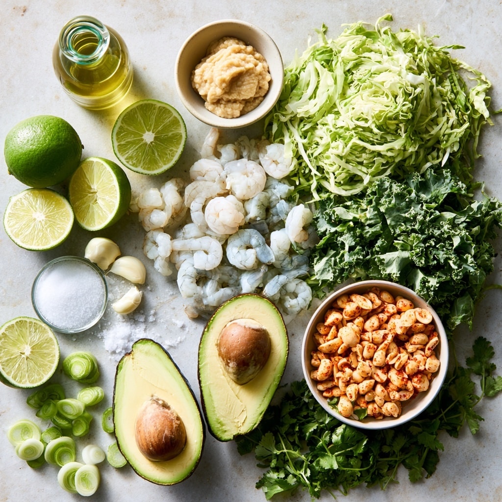 A large silver mixing bowl holds six separate layers of ingredients arranged in sections: at the bottom left, small light pink shrimp pieces with a slightly shiny texture; above the shrimp, pale green diced avocado chunks; to the right of avocado, a dark green pile of chopped fresh herbs like cilantro; next to herbs, a heap of light brown chopped nuts with a rough texture; below the nuts, fresh dark green kale leaves with a bumpy surface; all on a white marbled surface. photo taken with an iphone --ar 4:5 --v 7