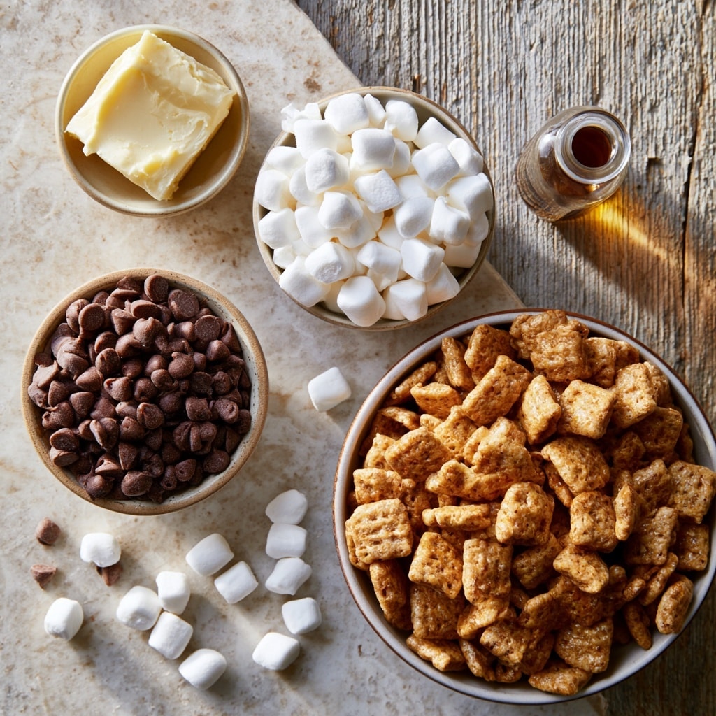 A close-up view of a white rectangular baking dish filled with a thick layer of chocolate-coated square cereal pieces mixed with melted marshmallow, creating a sticky texture with some marshmallow strands visible. A white spatula with a wooden handle is resting on top, held by a woman's hand that is partially seen on the right side. The dish is placed on a white marbled surface with a folded dark gray cloth partially visible underneath. photo taken with an iphone --ar 4:5 --v 7