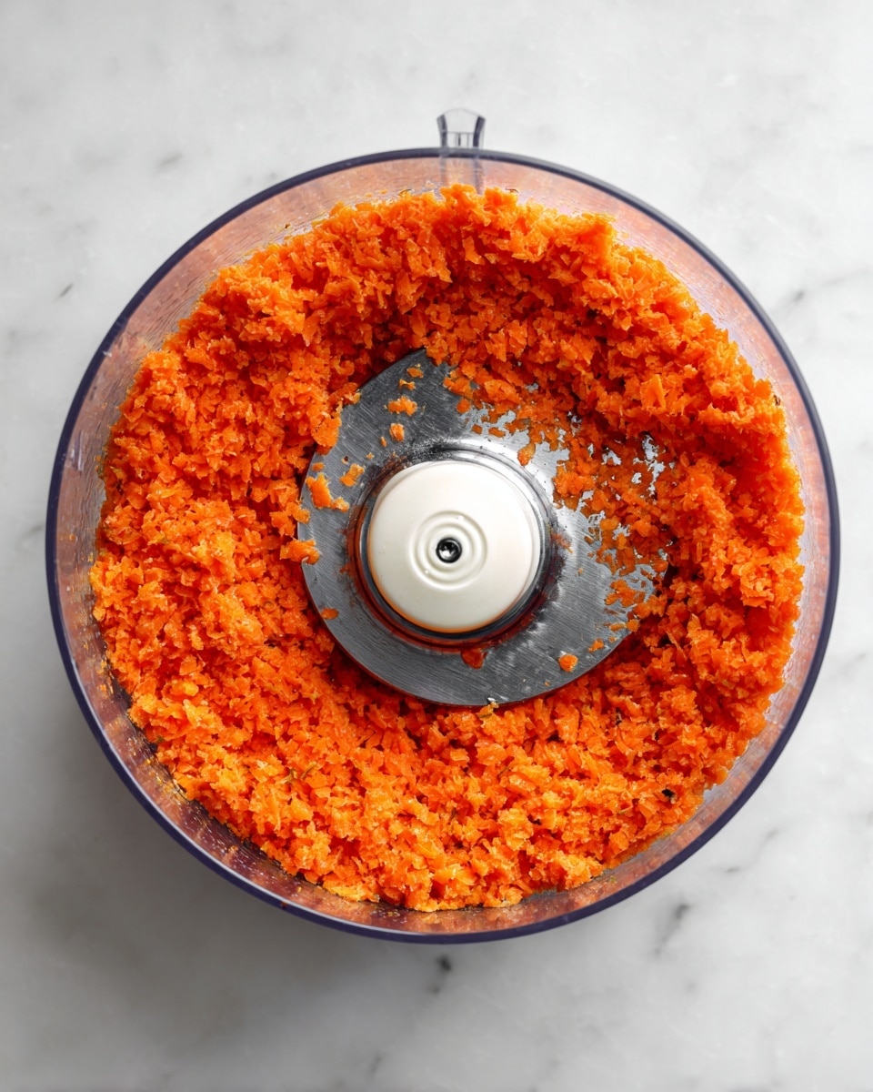 A top view of a food processor bowl filled with finely chopped bright orange carrots that cover the sides and bottom evenly. In the center, a shiny silver metal blade with a rounded white plastic top stands out against the orange pieces. The clear plastic bowl has an edge rim and the base is white, all placed on a white marbled surface. The texture of the carrots looks soft and small, almost like tiny crumbs. photo taken with an iphone --ar 4:5 --v 7