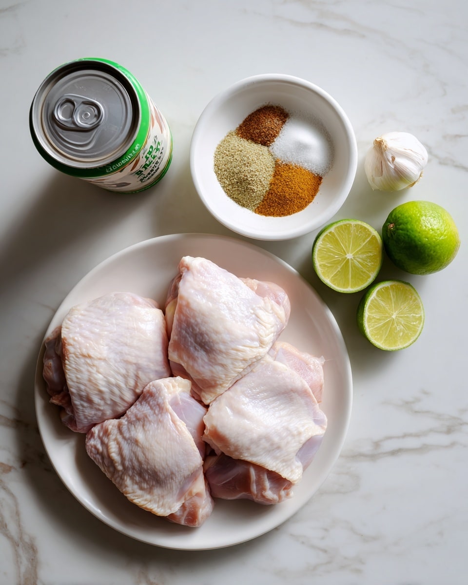 A white plate at the bottom right holds four raw, pale pink chicken pieces, smooth and slightly shiny. Above it, near the center, there is a small white bowl filled with a mix of powders in shades of brown, white, and orange. To the right of the bowl, two lime wedges show their textured green skin and juicy light green inside. Next to the lime wedges is a single clove of garlic with white skin and a slightly torn tip. On the left side, tilted on its side, is a white can of coconut milk with green and brown design accents and black text. The whole setup sits on a white marbled surface with soft gray veining. photo taken with an iphone --ar 4:5 --v 7