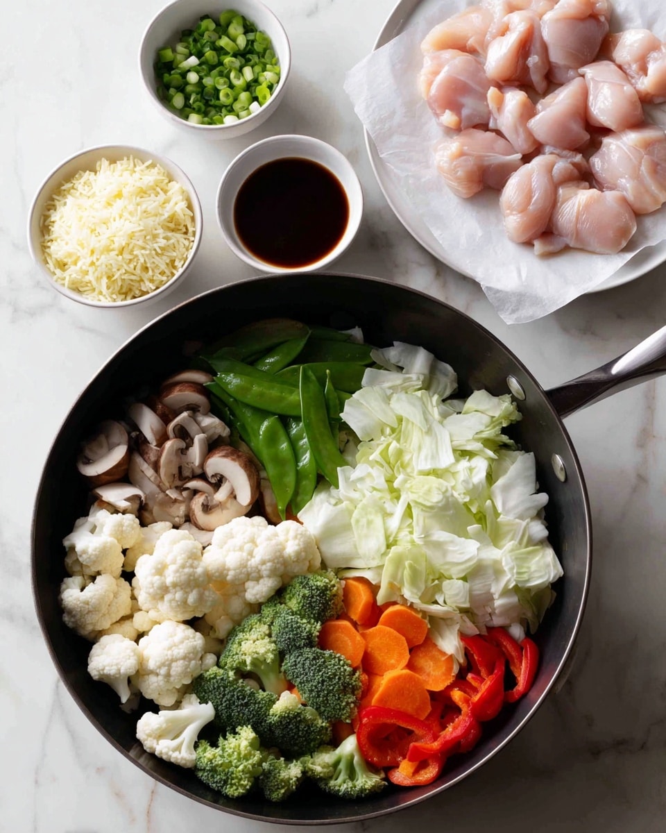 A black pan filled with mixed fresh vegetables including white cauliflower florets, green snap peas, sliced light brown mushrooms, thin orange carrot strips, green bell pepper slices, small broccoli florets, and white cabbage pieces, all showing fresh and varied textures. Around the pan on a white marbled surface, there are three white small bowls: one with light green chopped scallions, one with dark brown thick sauce, and one with cooked light yellow rice. To the top right corner, a white plate holds three raw light pink chicken pieces on a white paper. The scene is bright and clean with an overhead view. photo taken with an iphone --ar 4:5 --v 7