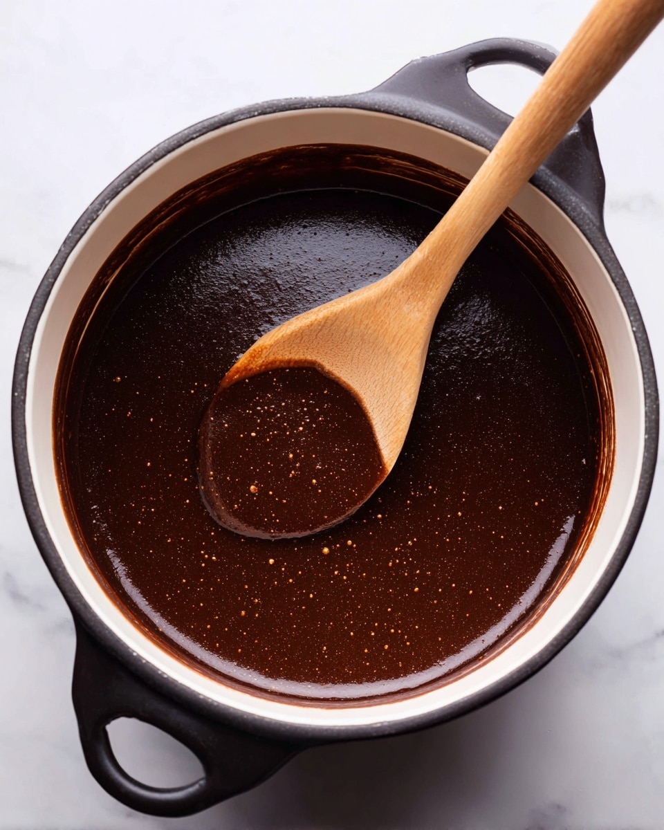 A black pot with a white inside edge is filled with a thick dark brown sauce. A wooden spoon is dipped halfway into the sauce, showing the shiny, smooth texture with some small bubbles. The pot sits on a white marbled surface. Photo taken with an iphone --ar 4:5 --v 7