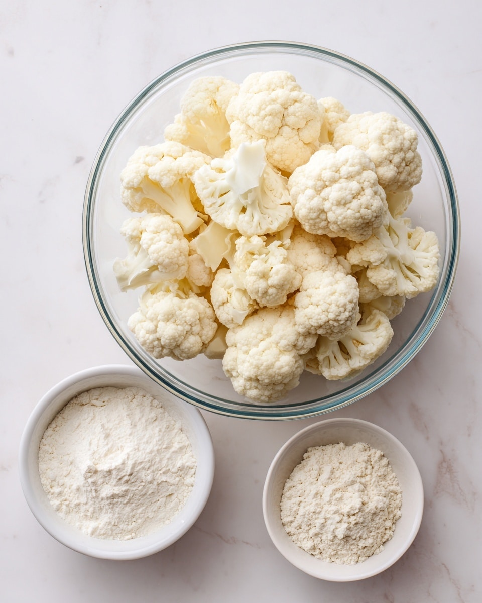 A clear glass bowl is full of white and pale yellow cauliflower florets with a rough, bumpy texture seen from above. To the left of the bowl, there are two smaller white bowls, one filled with a white powdery substance and the other with a slightly off-white powder, all placed on a white marbled surface. The image has bright lighting and a clean, simple look. photo taken with an iphone --ar 4:5 --v 7