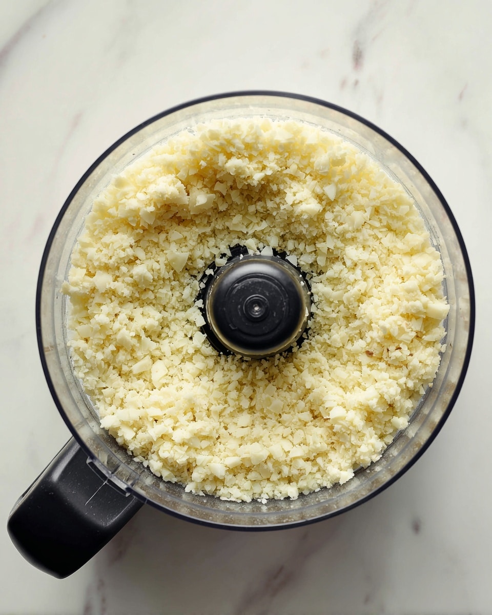 A top view shows a food processor with a clear bowl and black handle placed on a white marbled surface. Inside the bowl, there is finely chopped light yellow cauliflower rice with small, uneven grain pieces piled evenly around the center blade. The texture looks crumbly and soft, filling most of the bowl and leaving the center blade visible. photo taken with an iphone --ar 4:5 --v 7