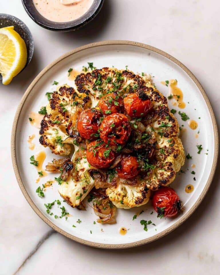 Roasted Cauliflower Steaks with Tomato-Onion Garnish and Creamy Paprika Sauce Recipe