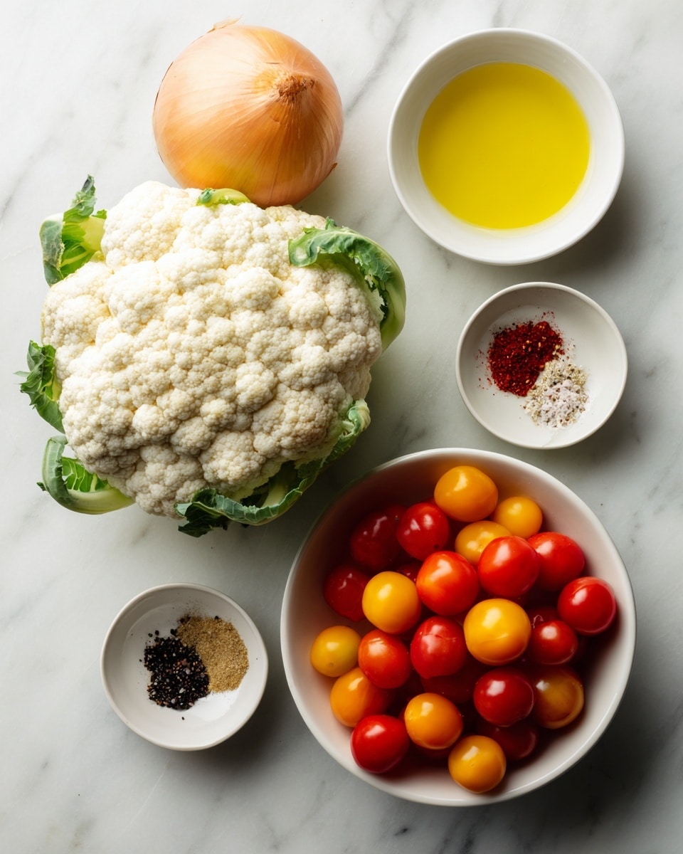 A close-up scene of fresh cooking ingredients arranged on a white marbled surface, including a large white cauliflower with green leaves at the bottom left, a whole yellow onion positioned above it, a small white bowl with clear light yellow oil to the right of the onion, a small white bowl with red, black, and beige spices arranged in sections to the right of the oil, and a larger white bowl filled with red, orange, and yellow cherry tomatoes at the bottom right; the colors and textures contrast gently with the smooth marbled background photo taken with an iphone --ar 4:5 --v 7