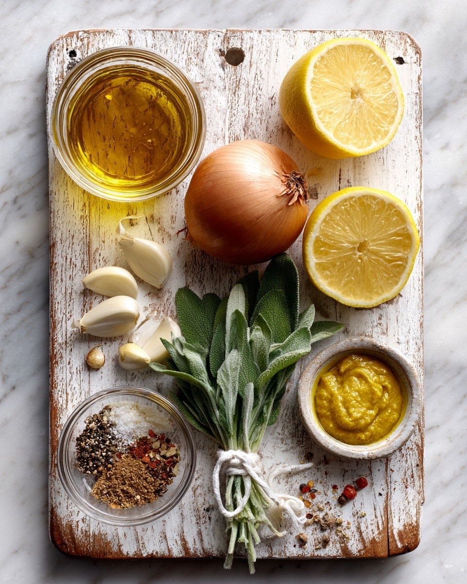 A white wooden board with worn-out marks sits on a white marbled surface. On the top left of the board is a glass jar filled with golden oil, next to two bright yellow lemon halves on the right. Below the jar, a whole light brown onion rests. Near the bottom left corner, three peeled garlic cloves are seen. Toward the bottom right, a small glass bowl contains a yellow mustard-like sauce, and next to it on the left, another small bowl holds mixed spices with visible grains of salt and pepper. At the bottom center of the board, a small bunch of fresh green sage leaves are tied with a white string. Photo taken with an iphone --ar 4:5 --v 7
