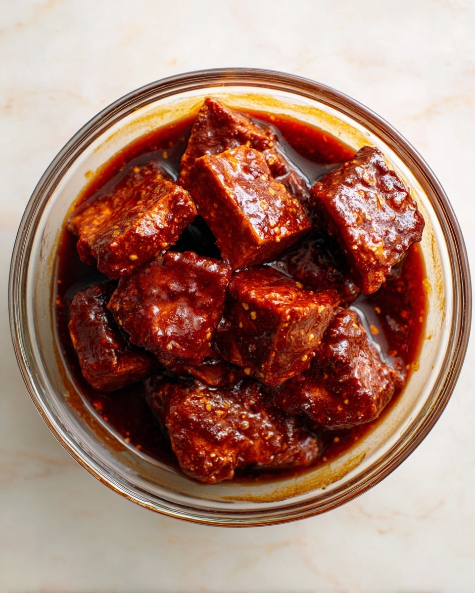 A clear glass bowl filled with several thick chunks of tempeh soaked in a rich, dark reddish-brown marinade. The tempeh pieces are uneven but roughly uniform in size, fully covered in the sauce which has a smooth, slightly glossy texture. The bowl sits on a white marbled surface, and the scene is shot from above with soft, natural lighting, highlighting the textures of the tempeh and the sauce. photo taken with an iphone --ar 4:5 --v 7