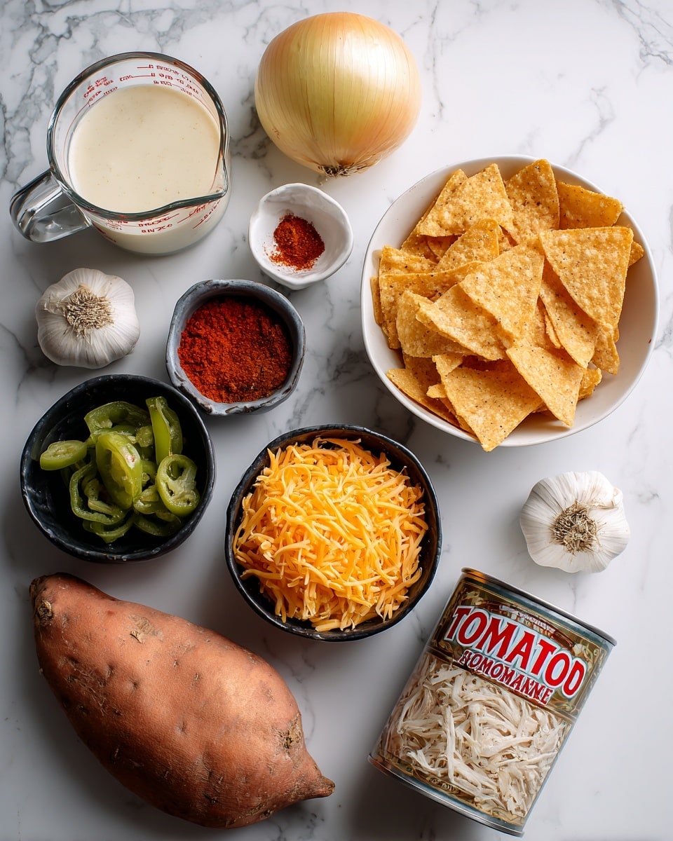 The image shows various cooking ingredients placed on a white marbled surface. There is a small white bowl filled with triangular tortilla chips on the bottom right. Above that is a whole yellow onion. To the left of the onion are two cloves of garlic and a small white bowl with red powder, likely chili powder. On the upper left side, a glass measuring cup contains a creamy white liquid. Below the glass cup is a small black bowl with green bell pepper slices. Next to it is another black bowl holding shredded cheddar cheese in orange shades. At the bottom left corner, there is a whole orange sweet potato. Above the sweet potato, a small black bowl holds shredded cooked chicken. In the center bottom is a tin can labeled