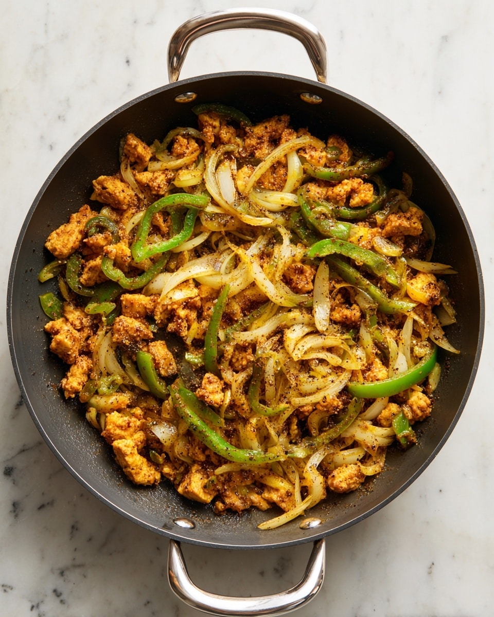Inside a deep black pan with silver handles, there is a mix of cooked food. The dish has two main layers: the bottom layer is made of small, golden-brown cubes that look soft, mixed with thin, light brown pieces. On top, longer slices of green bell pepper and light yellow onion strips add color and texture. The food is sprinkled with dark spices that cover all the pieces, giving a rich color and a rustic look. The pan sits on a white marbled surface, and the photo looks natural, simple, and clear. photo taken with an iphone --ar 4:5 --v 7