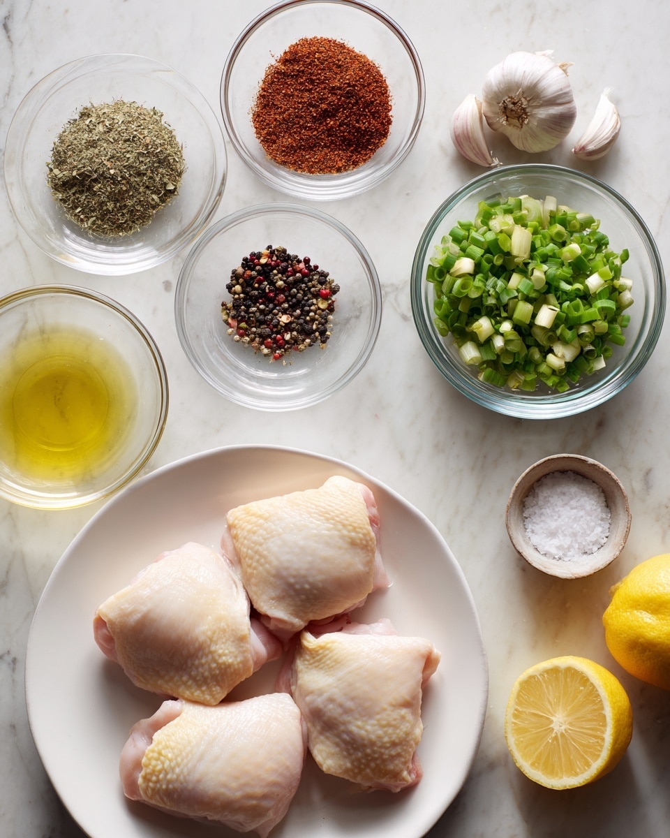 A white plate in the bottom right holds four pieces of raw chicken thighs with pale skin and a smooth texture, arranged in a line. Above the plate, there are six glass bowls with different ingredients spread out on a white marbled surface: the top left bowl contains reddish-brown spice powder with a grainy texture; to its right, two whole garlic cloves sit loose on the surface, showing a slightly shiny white outer layer; below the garlic, a bowl holds dark red and black mixed spices of fine and coarse grains; next to it on the left is a bowl filled with clear pale yellow oil with a smooth surface; below that, another bowl contains chopped green onions with bright green and white pieces; and to the right of the chopped onions is a smaller bowl of white and black salt and pepper. Two lemon halves with bright yellow skin and juicy textures sit near the center right of the image. The scene is shot on a flat white marbled surface. Photo taken with an iphone --ar 4:5 --v 7