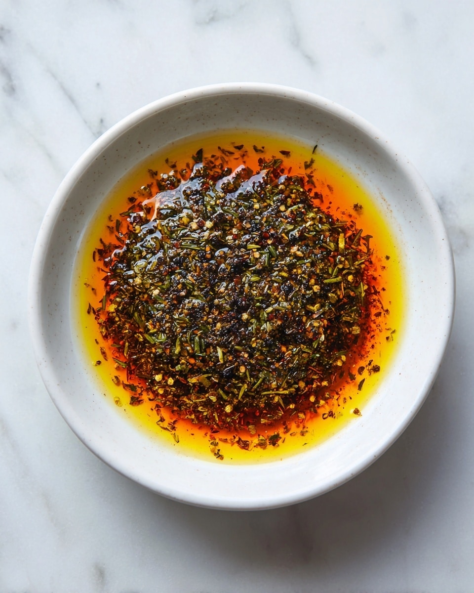A clear white bowl is shown from the top, placed on a white marbled surface. Inside the bowl, there is a mix of oil and dark spices forming a thick layer. The oil is a bright orange-red color, surrounding and blending with a dense layer of small chopped herbs and spices that are dark green, brown, and black, giving a textured appearance. The spices and oil fill about two-thirds of the bowl, spreading evenly and showing small shiny reflections. The edges of the bowl are visible and clean. photo taken with an iphone --ar 4:5 --v 7