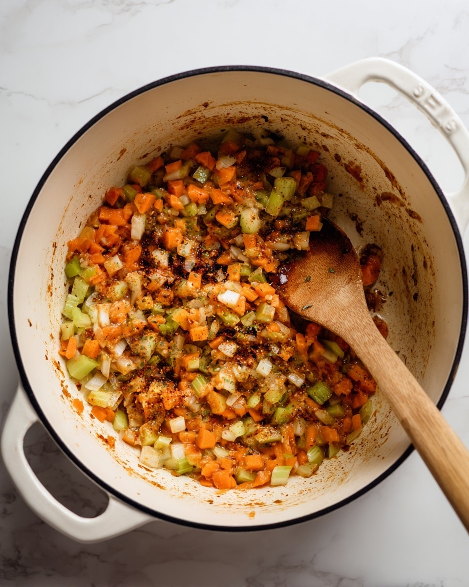 Inside a white pot with a black-rimmed edge, small diced vegetables are sizzling. The mixture has three main layers: the bottom layer is light brown bits stuck to the pot, mainly from cooked seasoning; the middle layer is a mix of soft orange chunks, likely carrots, and bits of translucent white onion scattered with dark green celery pieces; the top layer includes some slightly charred bits and red spices, all blended and cooking down. A wooden spoon is resting against the right side of the pot, partly stirring the veggies. The pot sits on a white marbled surface. photo taken with an iphone --ar 4:5 --v 7
