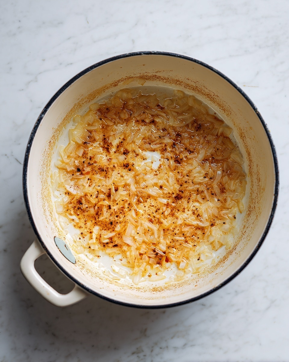 A white enamel pot with black edges is shown from above, placed on a white marbled surface. Inside the pot, there is one visible layer of sautéed onions which are soft and translucent with golden brown edges, mixed with small bits of seasoning and spices that give a slightly oily texture and warm brownish color spread all over the bottom and sides of the pot. The pot handle is visible on the left side, showing some wear with a small chipped area. photo taken with an iphone --ar 4:5 --v 7