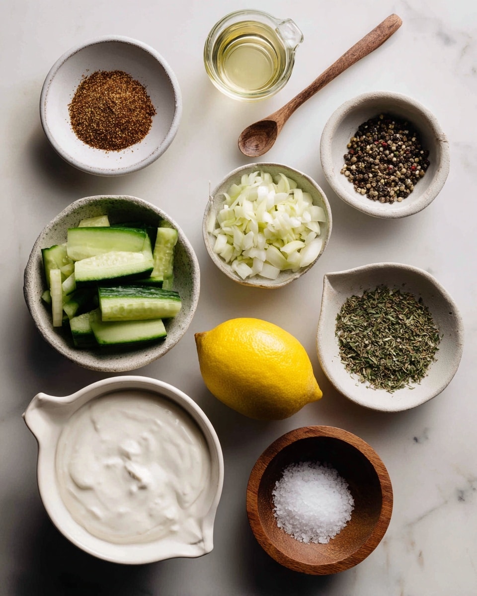 The image shows a white marbled surface with several small white and wooden bowls arranged neatly. In a white bowl is a brown dry spice, while another wooden bowl contains black pepper. A glass measuring cup holds shredded light green cucumber. A white metal measuring cup is filled with creamy white yogurt. There is a whole bright yellow lemon placed at the center. Two more white bowls hold chopped white garlic and dry green herbs. A small wooden bowl contains coarse white salt. Everything is spaced with clear visibility, giving a fresh and prepared look. photo taken with an iphone --ar 4:5 --v 7