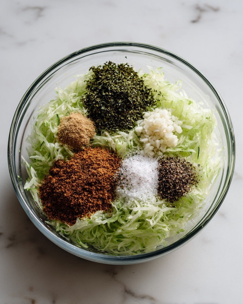 A clear glass bowl sits on a white marbled surface, filled with several layers of ingredients. The base layer shows shredded green cucumber with a fresh, moist texture. On top, there are separate piles of dry spices: a dark green finely chopped herb cluster on the upper left, a coarse brown seasoning on the lower right, and a small heap of white minced garlic toward the top center. Next to the garlic is a light dusting of fine white salt and a bit of black pepper. The ingredients are all clearly separated within the bowl, showing a mix of fresh and dried textures. Photo taken with an iphone --ar 4:5 --v 7