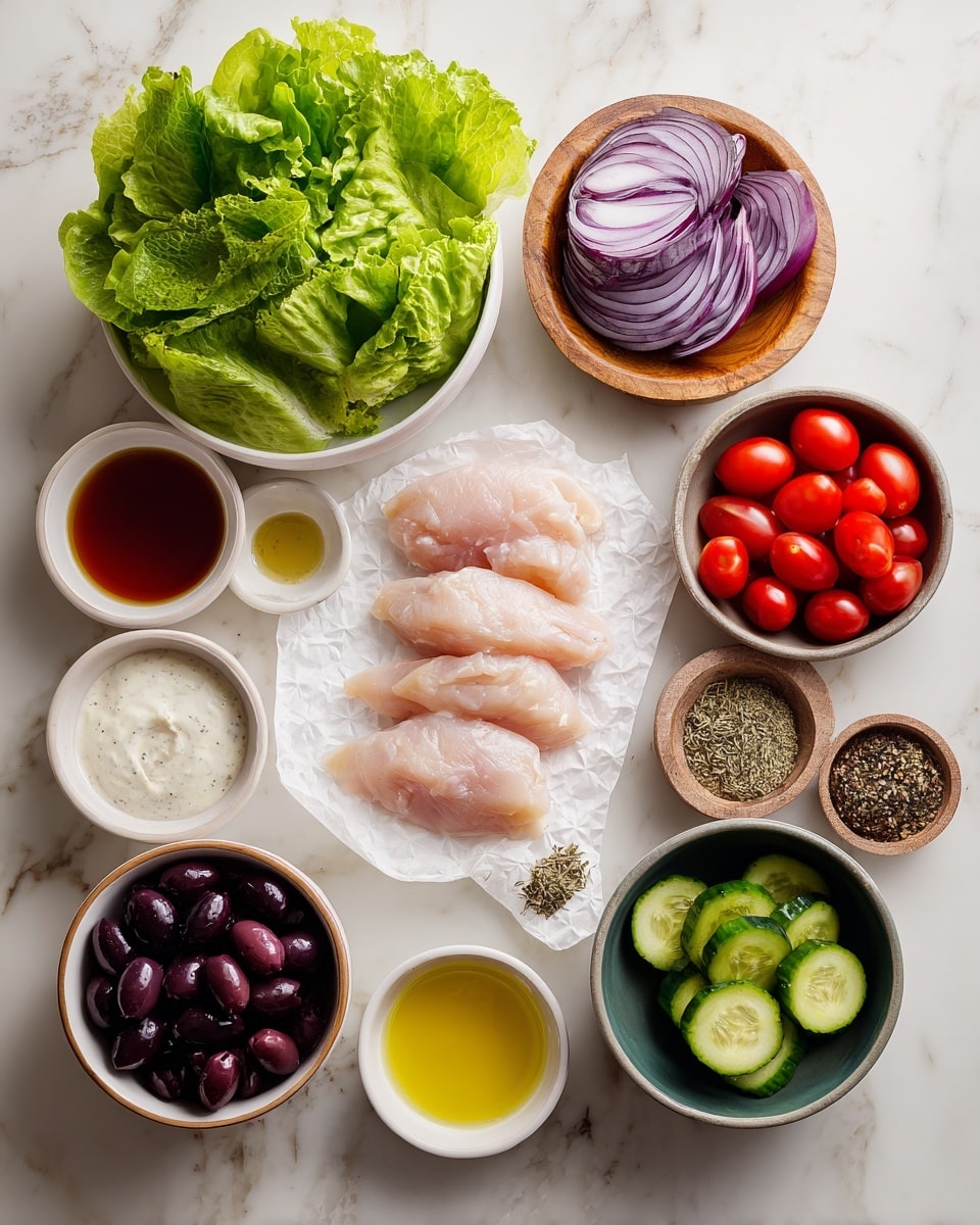 The image shows a white bowl filled with fresh green lettuce leaves on the left side, with a white bowl of dark purple olives above it, and a wooden bowl containing thin purple onion slices next to the olives. In the middle, there is a piece of white parchment paper holding four raw, pale pink chicken filets at the center. Surrounding the chicken are small white bowls of white creamy sauce, golden honey or oil, and a red liquid, while a white bowl with halved red cherry tomatoes is on the right. Below, a dark green bowl holds sliced light green cucumbers. Small wooden and stone bowls containing various dried herbs, black pepper, salt, and a tan-colored powder are also around the chicken. The background is a white marbled surface photo taken with an iphone --ar 4:5 --v 7