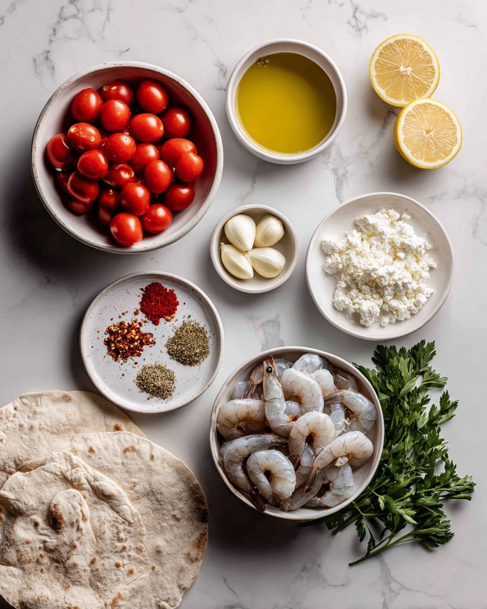 The image shows a top view of several small white bowls and plates arranged on a white marbled surface, each holding an ingredient. From left to right, there is a white bowl filled with bright red cherry tomatoes, a small white bowl with golden oil, a white bowl with three lemon wedges, a small white plate with five different spices arranged in a circle by color: salt, pepper, red chili flakes, garlic powder, and dried oregano. To the right, there is a small white bowl containing sliced white garlic, a small white bowl filled with crumbled white cheese, and a large white bowl holding several raw shrimp with shells on alongside some fresh green parsley. Two pieces of flatbread lie partially underneath the bowl with cherry tomatoes on the left side of the frame. Photo taken with an iphone --ar 4:5 --v 7