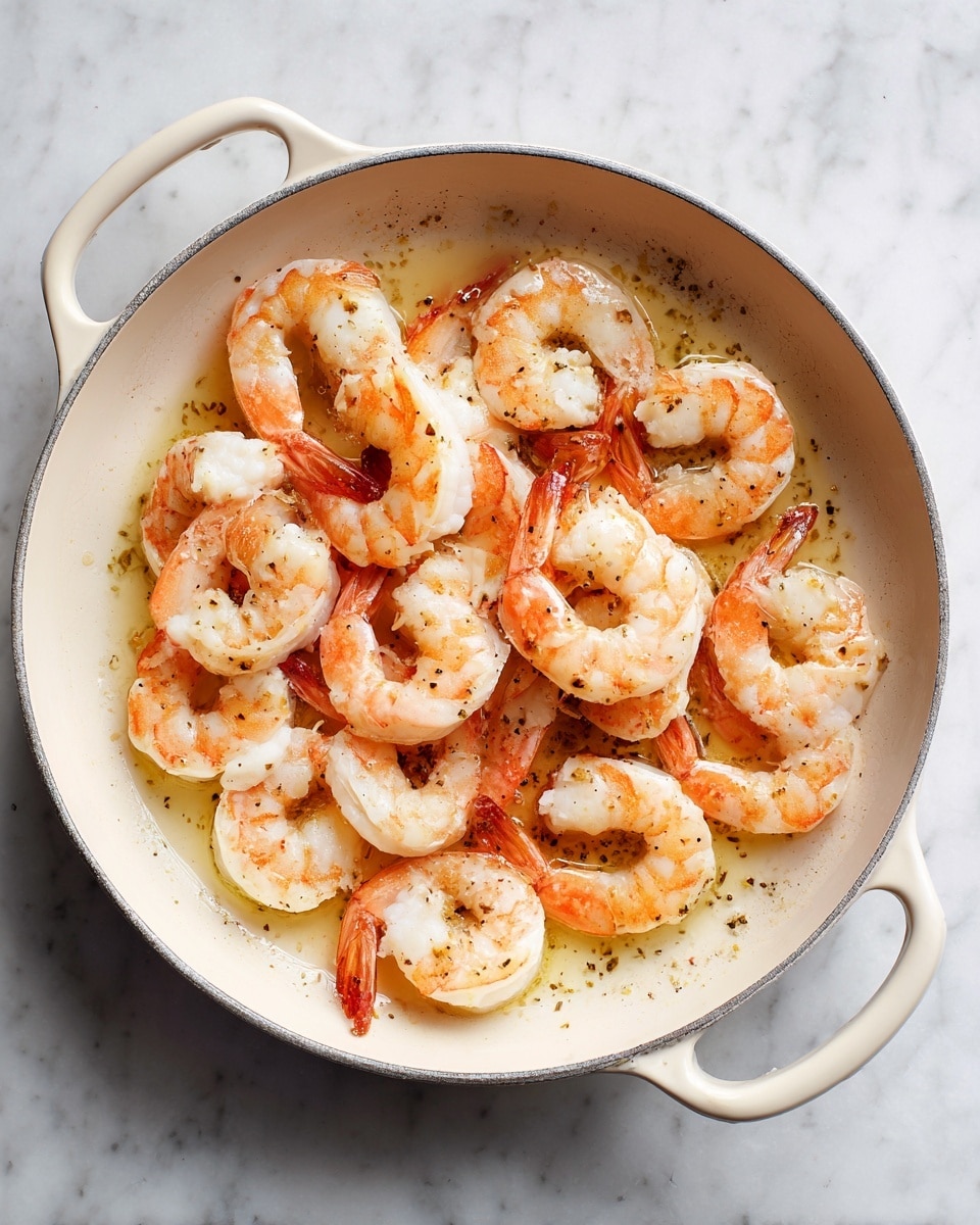 A white pan with two handles sits on a white marbled surface, filled with about twenty cooked shrimp arranged loosely in a single layer. The shrimp are pinkish-orange with white flesh inside, showing a slight shine from a light coating of oil or butter. The pan’s interior is smooth and cream-colored, highlighting the bright color of the shrimp. Some tiny browned bits and oily spots are visible beneath and around the shrimp, adding texture to the scene. photo taken with an iphone --ar 4:5 --v 7