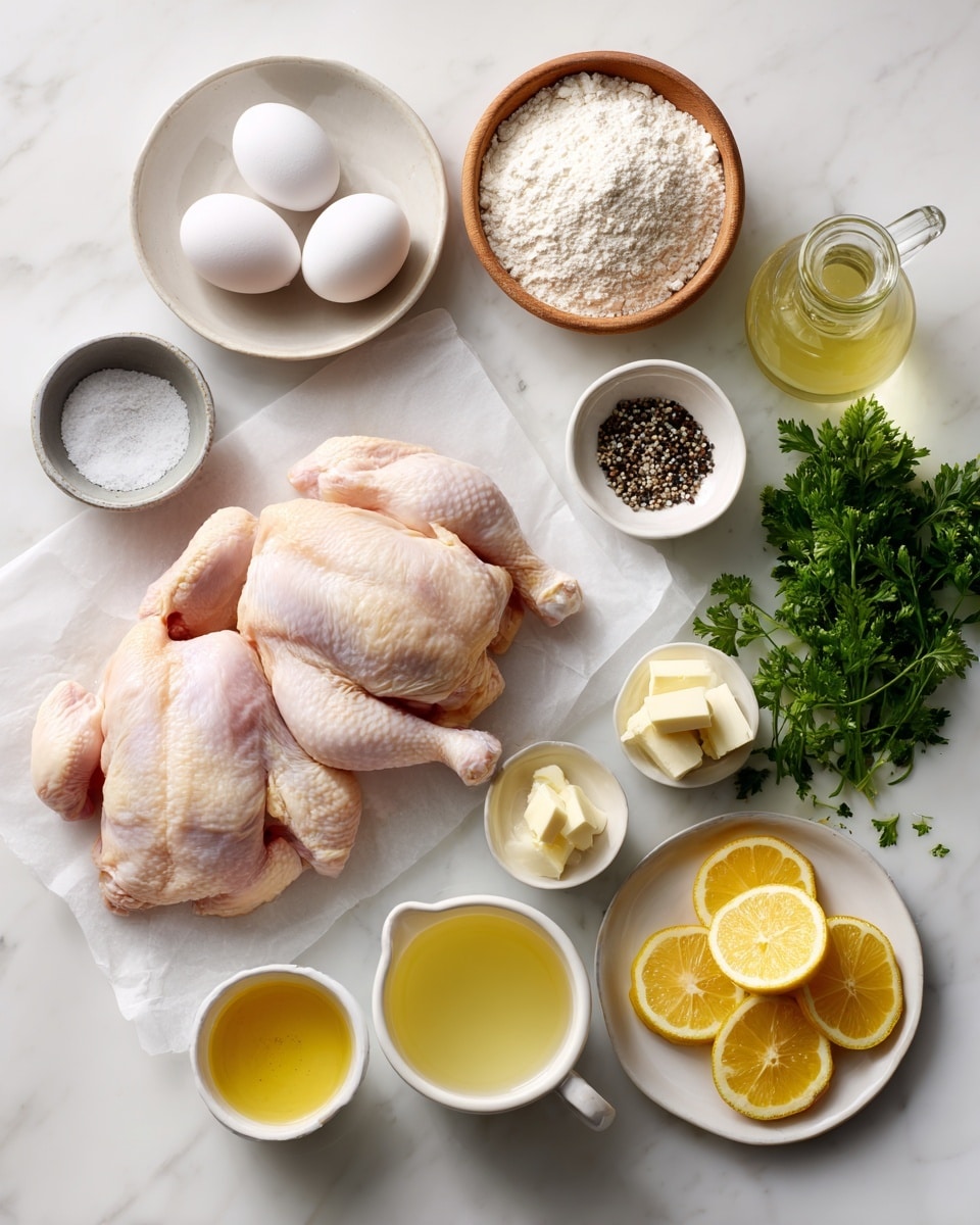 The image shows several raw chicken pieces on a sheet of white paper placed on a white marbled surface. Around the chicken, there are many ingredients arranged neatly in small white bowls and plates. To the left, there are three whole eggs, a plate with white flour, a wooden bowl with mixed black and white pepper, and a small grey bowl with salt. Below the eggs, a glass mug holds a light yellow liquid, likely broth, and a small glass bottle with clear oil. To the right of the chicken, there's fresh green parsley, a white bowl with butter cubes, a small white bowl with a pale yellow liquid, and a small cup with bright yellow oil. In the center bottom, there is a white plate with several lemon slices. The surface and background are white marble. photo taken with an iphone --ar 4:5 --v 7