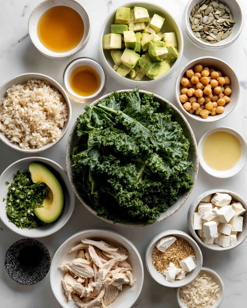 The image shows many small white bowls and one large white bowl set on a white marbled surface. In the large bowl in the center, there is fresh dark green kale with curly leaves. Surrounding it, clockwise from top left, there is a small bowl with amber-colored liquid, a white bowl with cube-shaped pale green avocado pieces, a small bowl with chopped green herbs, a white bowl with light beige slices of cooked chicken, a white bowl with cooked light brown rice, and a black bowl with white salt. Other bowls contain round crispy brown chickpeas, white crumbled cheese, light beige tofu pieces, a bowl with golden oil, a small bowl of sunflower seeds, a small dish with ground beige spice, and a small bowl with honey. All the bowls are neatly arranged and filled with fresh ingredients, showing a variety of colors and textures photo taken with an iphone --ar 4:5 --v 7