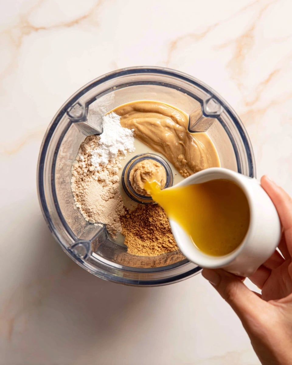 The image shows a top view of a clear blender container with several ingredients inside on a white marbled surface. Inside the blender, there is a thick beige sauce layered with light brown powder and a dollop of white creamy substance. A woman's hand is pouring a golden-yellow liquid from a small white cup into the blender. The blender blades are visible in the center, surrounded by the ingredients. photo taken with an iphone --ar 4:5 --v 7