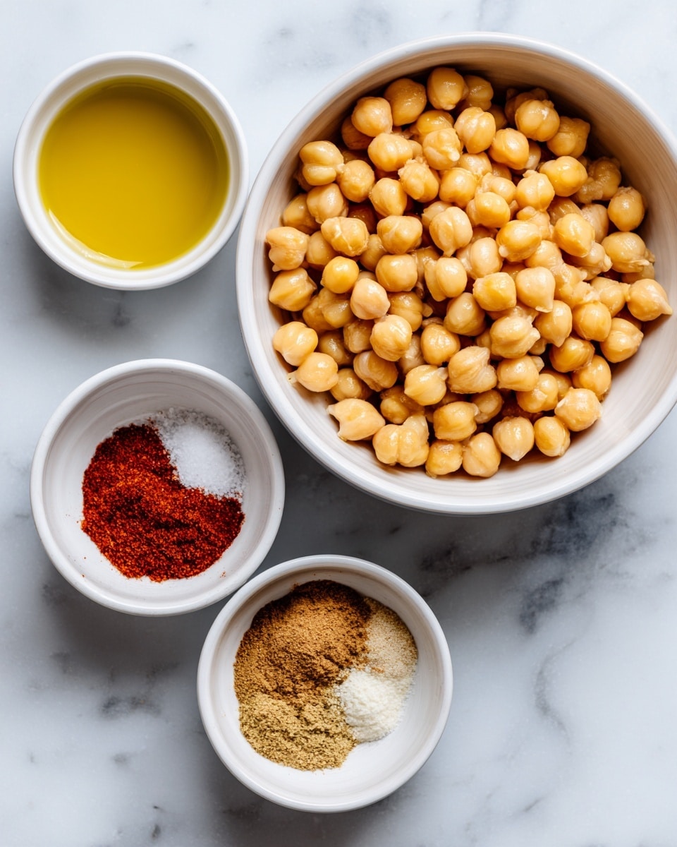 The image shows a white bowl filled with light beige chickpeas taking up most of the space on the right side. To the left, there are two smaller white bowls: the top one holds golden yellow olive oil with a smooth surface, and the bottom one contains three spices arranged in groups – bright red paprika, light brown cumin, and white salt – each forming a distinct colored section within the bowl. All the bowls rest on a white marbled surface with subtle gray veins. The photo taken with an iphone --ar 4:5 --v 7