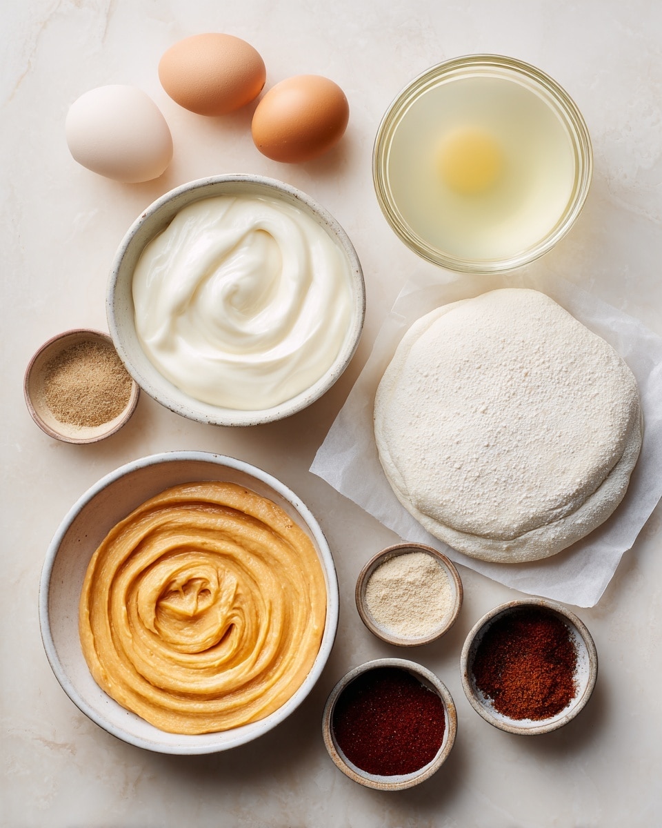 A flat white marbled surface holds several small white and dark round bowls arranged neatly. On the left is a white bowl with a smooth thick white cream textured like soft waves. Next to it are two light brown eggs and one egg yolk in a small white bowl. Above the eggs is a round glass bowl filled with pale yellow liquid. To the right of the eggs is a white bowl with smooth thick orange puree swirled on top. Nearby are dark small bowls with powdered spices in brown, reddish, and beige shades. On the far right is a round disc of white dough resting on white parchment paper, all placed on the white marbled surface. photo taken with an iphone --ar 4:5 --v 7