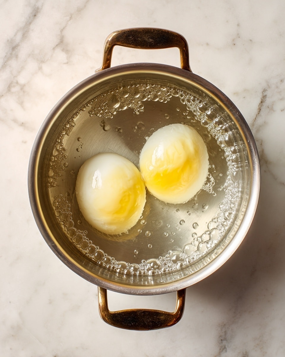 A silver metal pot with two dark bronze handles is shown from above, sitting on a white marbled surface. Inside the pot, two poached eggs float gently in clear water, positioned side by side near the center. Each egg has a soft white layer with a slightly clouded texture wrapping around a light yellow yolk barely visible through the thin white. Small bubbles cling to the pot's sides and rise from the bottom, suggesting gentle heat. The pot's interior is shiny and smooth, reflecting light softly. Photo taken with an iphone --ar 4:5 --v 7