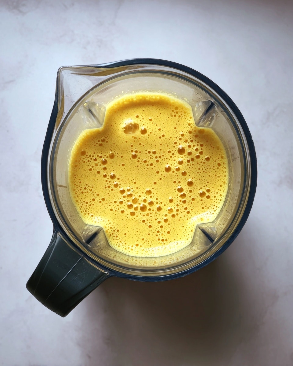 Top view of a blender filled with a smooth, yellow mixture that has small bubbles on its surface. The blender container is clear with a dark handle on the right side. The background is changed to a white marbled texture. photo taken with an iphone --ar 4:5 --v 7