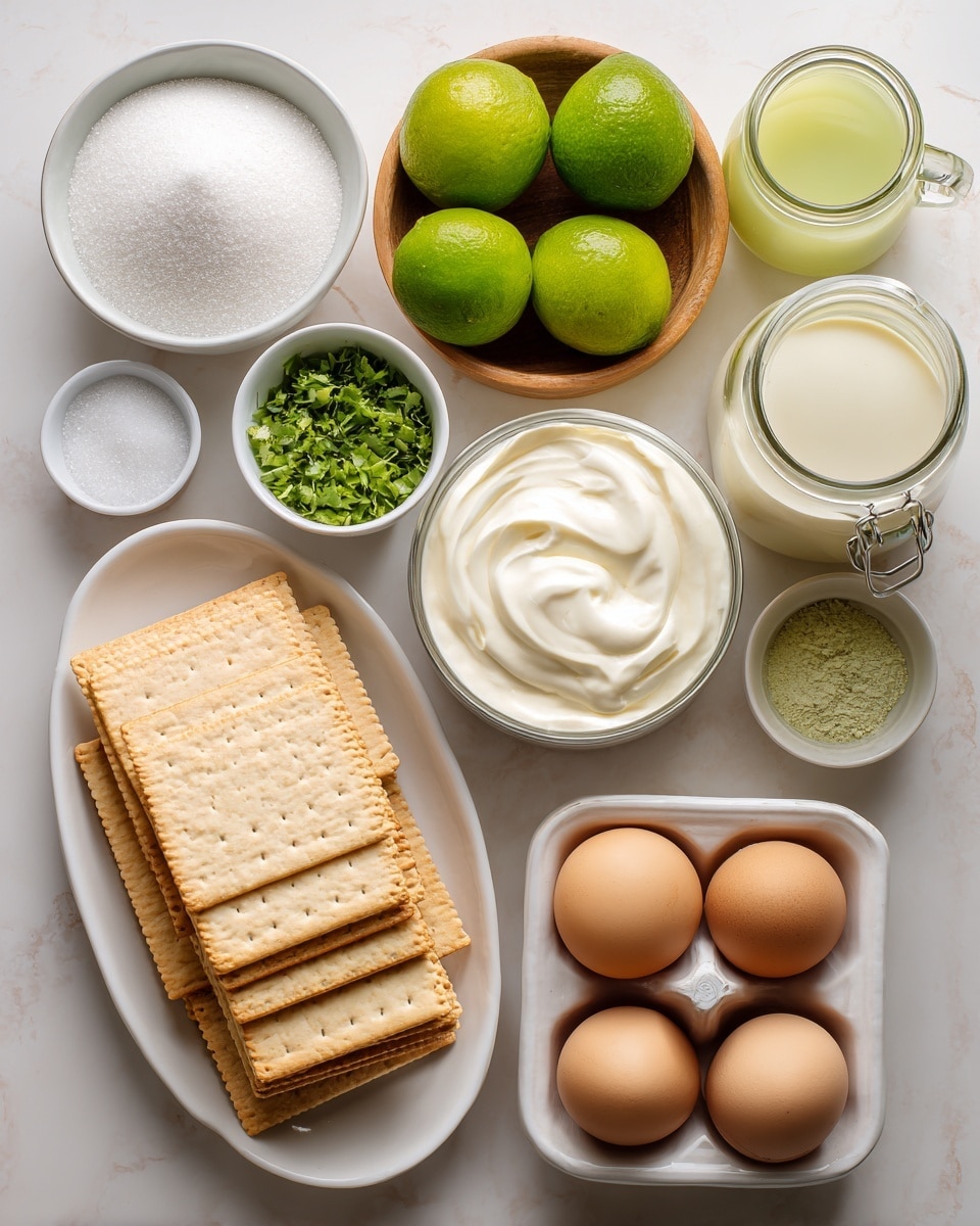 The image shows a top view of various ingredients arranged neatly on a white marbled surface. In the center, there is a white oval plate with several square light brown crackers stacked in two overlapping rows. To the left, a white bowl holds white granulated sugar, and above it, a round wooden bowl with whole and halved green limes. Above the crackers, there is a small white bowl with chopped green herbs. To the right, a white bowl filled with thick white cream sits next to a white tray holding six brown eggs. Between the eggs and crackers, there is a silver can opened at the top, next to a small glass jar filled with a creamy beige liquid. Above the crackers, two glass containers hold light yellow juice and light green liquid, with the green liquid container featuring a handle. The layout is clean and bright, with all containers and ingredients clearly visible and separated. Photo taken with an iphone --ar 4:5 --v 7