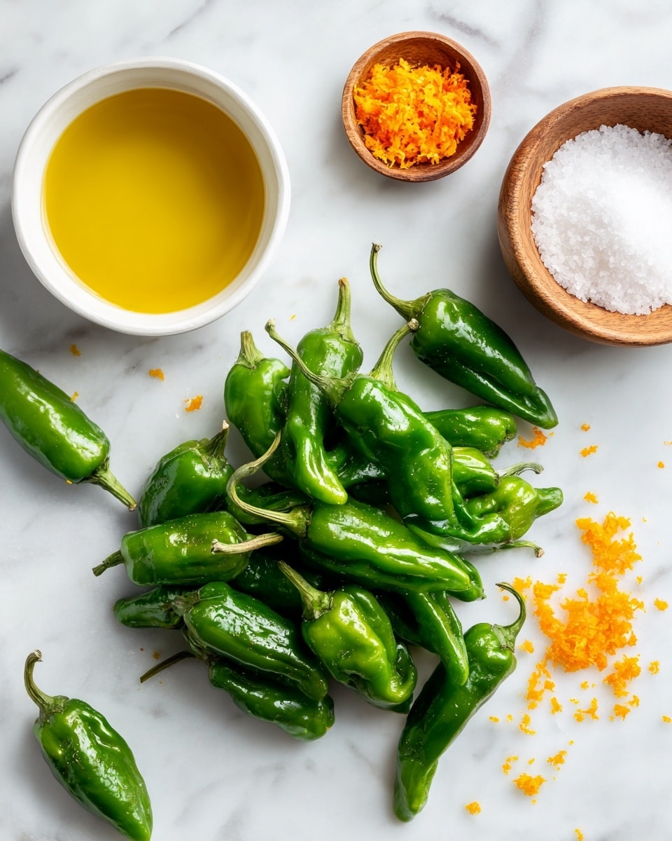 A group of fresh, curled green peppers scattered on a white marbled surface, surrounded by a small white bowl filled with golden yellow oil on the upper left and a small wooden bowl full of coarse white salt on the right; a small pile of bright orange zest is placed near the oil bowl, adding a pop of color to the scene photo taken with an iphone --ar 4:5 --v 7