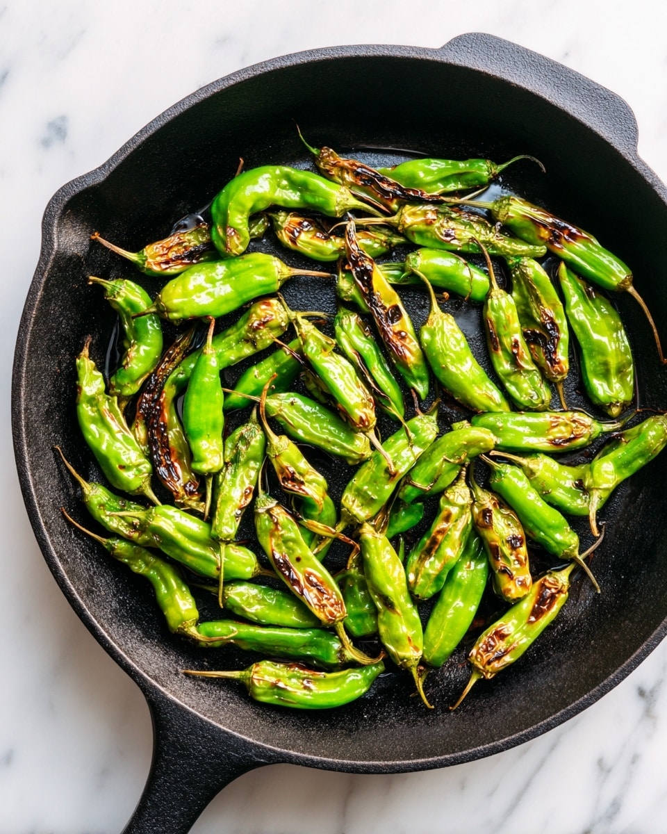 The image shows a black cast-iron skillet filled with green shishito peppers that have started to brown in spots, showing light charring. The peppers are scattered across the pan in a loose, uneven layer, with some overlapping. The skillet is placed on a white marbled surface, creating a clean and bright background contrast. The peppers have a shiny texture indicating they are cooked with oil. photo taken with an iphone --ar 4:5 --v 7